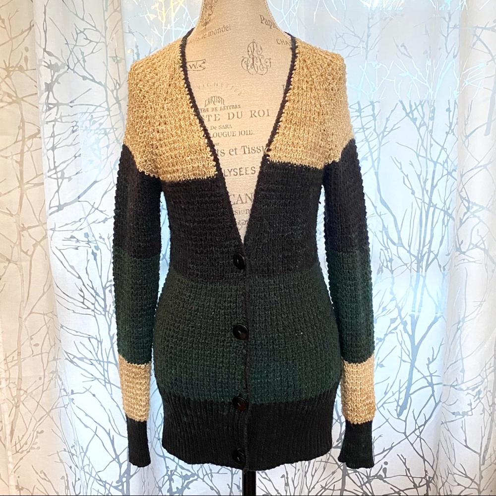 Free People rugby black green tan colorblock V-neck button up cardigan sweater - Picture 5 of 10